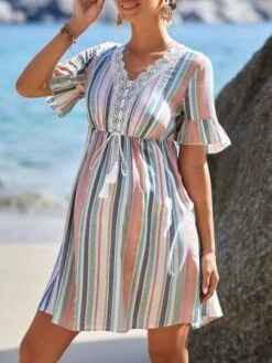 SHEIN Maternity Striped Print Guipure Lace Panel Tassel Tie Front Flounce Sleeve Dress -Curated Swimwear 16803454314953ca3bb25bd72ee581b1a83cc0e409 thumbnail 405x552