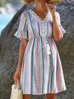 SHEIN Maternity Striped Print Guipure Lace Panel Tassel Tie Front Flounce Sleeve Dress -Curated Swimwear 16803454353a06413a77ad060e95883e0d2e99cb1c thumbnail 405x552