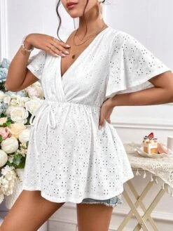 SHEIN Maternity Eyelet Embroidery Butterfly Sleeve Knot Front Peplum Blouse -Curated Swimwear 16807544557496308fac32eade32f6f8db9f254818 thumbnail 405x552