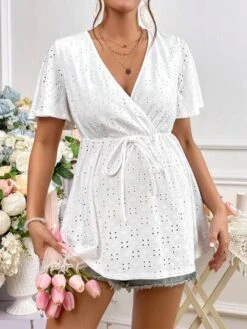 SHEIN Maternity Eyelet Embroidery Butterfly Sleeve Knot Front Peplum Blouse -Curated Swimwear 16807544584c2665e5deca212b7120a6d3a26dbf19 thumbnail 405x552