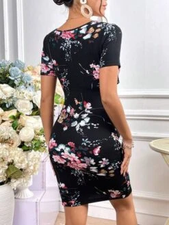SHEIN Maternity Floral Print Surplice Neck Nursing Bodycon Dress
