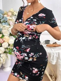 SHEIN Maternity Floral Print Surplice Neck Nursing Bodycon Dress -Curated Swimwear 168075465598bc55485d863286874e26e1dc3e7ed0 thumbnail 405x552
