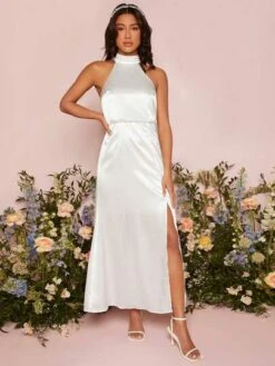 SHEIN Belle Solid Split Thigh Satin Halter Wedding Dress -Curated Swimwear 16807592227423b07612a98ba3df384b069d13943e thumbnail 405x552