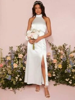 SHEIN Belle Solid Split Thigh Satin Halter Wedding Dress -Curated Swimwear 1680759225b7c7592ca84a88853c4424b6497676e4 thumbnail 405x552