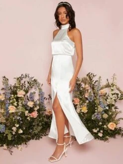 SHEIN Belle Solid Split Thigh Satin Halter Wedding Dress -Curated Swimwear 16807592291ca0d195d11e50ae87bd3c7f1ca7ed59 thumbnail 405x552