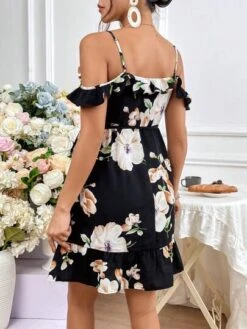 SHEIN Maternity Floral Print Cold Shoulder Ruffle Trim Belted Dress