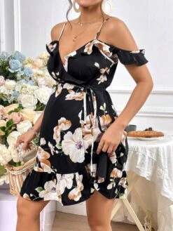 SHEIN Maternity Floral Print Cold Shoulder Ruffle Trim Belted Dress -Curated Swimwear 1680785236ad135e6a3ab29cbc5c696684cb7418d7 thumbnail 405x552