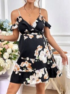 SHEIN Maternity Floral Print Cold Shoulder Ruffle Trim Belted Dress -Curated Swimwear 1680785241d51078b1de3bf234517902bae2c3d145 thumbnail 405x552