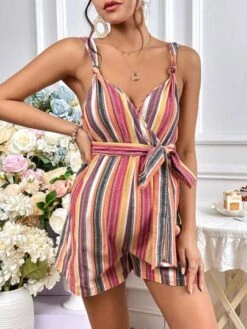SHEIN Maternity Striped Print Belted Cami Romper -Curated Swimwear 1680785308c43dff3b29a94be09fd16a75c7a09b79 thumbnail 405x552
