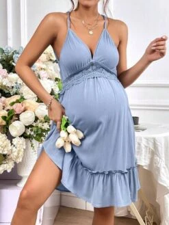 SHEIN Maternity Contrast Lace Tie Backless Ruffle Hem Dress -Curated Swimwear 1680785331ba06d7379e1bd0fa3ab4eee0e358a746 thumbnail 405x552