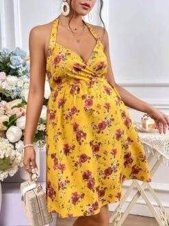 SHEIN Maternity Floral Print Tie Backless Halter Dress -Curated Swimwear 16807853666ed82d0b615adb14ce244f93610b2a96 thumbnail 405x552