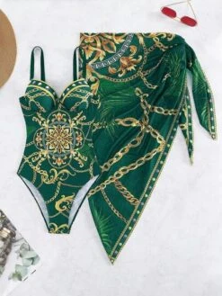 Chain Print Push Up One Piece Swimsuit With Beach Skirt -Curated Swimwear 16808605697e082b55d7fb258f8f4676f4d488ee79 thumbnail 405x552