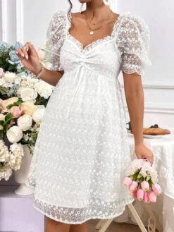 SHEIN Maternity Drawstring Front Frill Trim Puff Sleeve Embroidery Mesh Dress -Curated Swimwear 168092046460fbfaee87972fd95f67484350dd4572 thumbnail 405x552