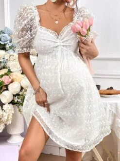 SHEIN Maternity Drawstring Front Frill Trim Puff Sleeve Embroidery Mesh Dress -Curated Swimwear 168092047776b7498d722bd9fff77116610ca072f9 thumbnail 405x552