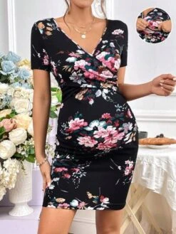 SHEIN Maternity Floral Print Surplice Neck Nursing Bodycon Dress -Curated Swimwear 16809303980515eeae852a9be34884084201645c99 thumbnail 405x552