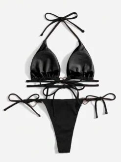 Solid Heart-ring Linked Halter Triangle Tie Side Bikini Swimsuit