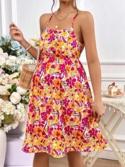 SHEIN Maternity Allover Floral Print Lace Up Backless Cami Dress -Curated Swimwear 1681092075c378454faffc1c38d39722def216288d thumbnail 405x552