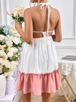 SHEIN Maternity Two Tone Ruffle Hem Tie Backless Ruffle Hem Halter Neck Dress