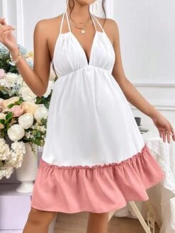 SHEIN Maternity Two Tone Ruffle Hem Tie Backless Ruffle Hem Halter Neck Dress -Curated Swimwear 1681092407ffa5e412e0bd89aaa2ee0c918220684d thumbnail 405x552