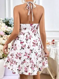 SHEIN Maternity Allover Floral Print Tie Backless Ruffle Hem Belted Halter Dress