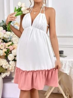 SHEIN Maternity Two Tone Ruffle Hem Tie Backless Ruffle Hem Halter Neck Dress -Curated Swimwear 16810924127dfba272b548a4bd86db78d646f60710 thumbnail 405x552