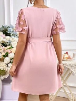 SHEIN Maternity 3D Appliques Mesh Sleeve Belted Dress