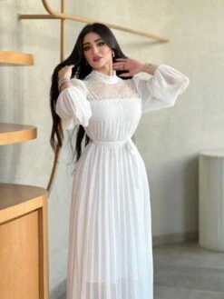 SHEIN Modely Mock Neck Lantern Sleeve Belted Pleated Hem Dress