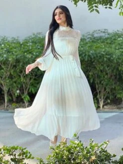 SHEIN Modely Mock Neck Lantern Sleeve Belted Pleated Hem Dress -Curated Swimwear 1681112167aed810c9426696e1658bb84183584b53 thumbnail 405x552