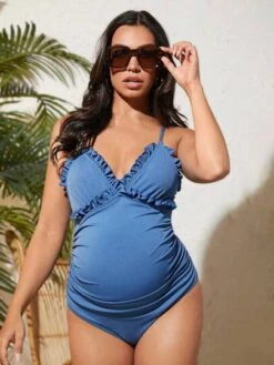 SHEIN Maternity Frill Trim Ruched Cami One Piece Swimsuit -Curated Swimwear 168117723385335214716425ed9451ae95ee091204 thumbnail 405x552