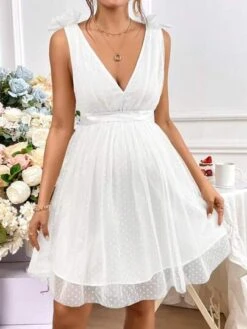 SHEIN Maternity Bow Shoulder Dobby Mesh Overlay Belted Dress -Curated Swimwear 168121240446f991b58f538d36cf70aa23b67914f1 thumbnail 405x552