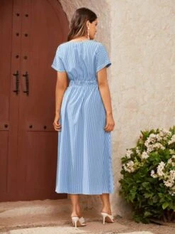 SHEIN Maternity Striped Print Shirred Waist Button Front Dress