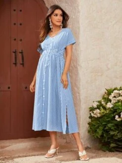SHEIN Maternity Striped Print Shirred Waist Button Front Dress -Curated Swimwear 1681270316db87feed0a36211c4a73473224f9f4a0 thumbnail 405x552