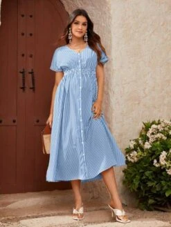 SHEIN Maternity Striped Print Shirred Waist Button Front Dress -Curated Swimwear 1681270319d8669f709f5d52e716a94537b5f284d2 thumbnail 405x552