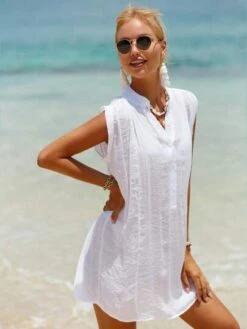 Solid Button Front Sleeveless Cover Up Dress -Curated Swimwear 1681274133efbdd60f65be36eef43121b4f5209e97 thumbnail 405x552