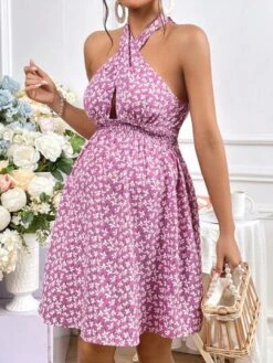SHEIN Maternity Ditsy Floral Print Crisscross Tie Backless Halter Dress -Curated Swimwear 16812971051e3bc76fe8c30864b026af63b6465636 thumbnail 405x552