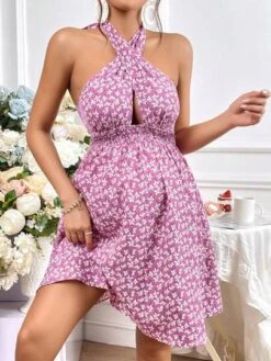 SHEIN Maternity Ditsy Floral Print Crisscross Tie Backless Halter Dress -Curated Swimwear 1681297114734909e3e90fac03ce29bce5016331ae thumbnail 405x552