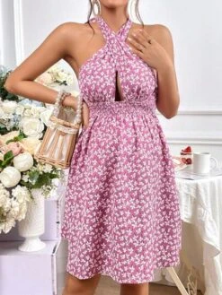 SHEIN Maternity Ditsy Floral Print Crisscross Tie Backless Halter Dress -Curated Swimwear 16812971183a9596bcc7a8d7d601dc2229c3a457d1 thumbnail 405x552