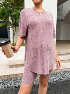 SHEIN Maternity Drop Shoulder Tee & Biker Shorts -Curated Swimwear 1681354395892f530fb9067a31b0846141e714361c thumbnail 405x552