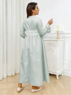 Maternity Mock Neck Contrast Guipure Lace Flounce Sleeve Dress