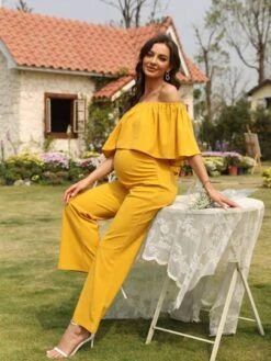 Maternity Solid Ruffle Trim Off Shoulder Jumpsuit -Curated Swimwear 16814619987975f0ac4066decd5bc2705b6ba35c30 thumbnail 405x552