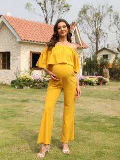 Maternity Solid Ruffle Trim Off Shoulder Jumpsuit -Curated Swimwear 1681462071ce81e7bee457bcaf6fbbf036391728ea thumbnail 405x552