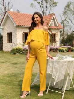 Maternity Solid Ruffle Trim Off Shoulder Jumpsuit -Curated Swimwear 16814620732b0995f985702ba01aa6e5407acd6201 thumbnail 405x552