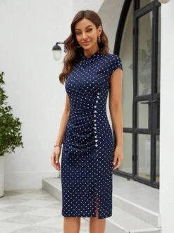 HOMEYEE Polka Dot Print Ruched Split Thigh Dress -Curated Swimwear 1681464851b6dec700f0476ed4db1f495ac002b7e4 thumbnail 405x552