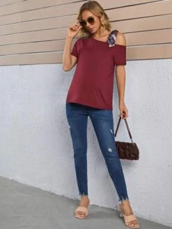 SHEIN Maternity Asymmetrical Neck Knot Shoulder Tee -Curated Swimwear 1681696012c47335947293a94a55898e48e54e45ef thumbnail 405x552