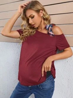 SHEIN Maternity Asymmetrical Neck Knot Shoulder Tee -Curated Swimwear 1681696015b5301d840f086c122c32b959f60ee0e3 thumbnail 405x552