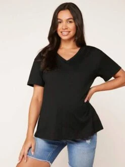 SHEIN BASICS Maternity 100% Cotton V-neck Drop Shoulder Solid Tee -Curated Swimwear 1681700997dece85c669f7d50d7c9f59febfbb44ce thumbnail 405x552