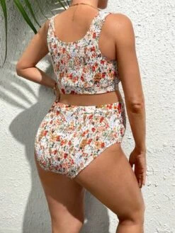 SHEIN Maternity Floral Print High Waisted Smocked Bikini Swimsuit