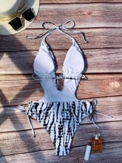 Tie Dye Print Cut Out Tie Side Halter Neck Backless One Piece Swimsuit
