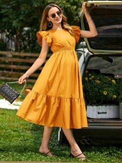 SHEIN Maternity Ruffle Trim Tie Backless Ruffle Hem Dress