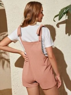 SHEIN Maternity Tie Shoulder Patch Pocket Knot Shoulder Pinafore Romper Without Tee